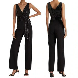 LAUREN RALPH LAUREN Women’s Dress Black Sequined Crepe Jumpsuit Size 2